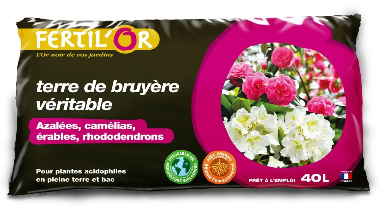 Sac de terre de bruyère Fertilor pour azaleas, camélias et rhododendrons. Idéal pour les plantes acidophiles.