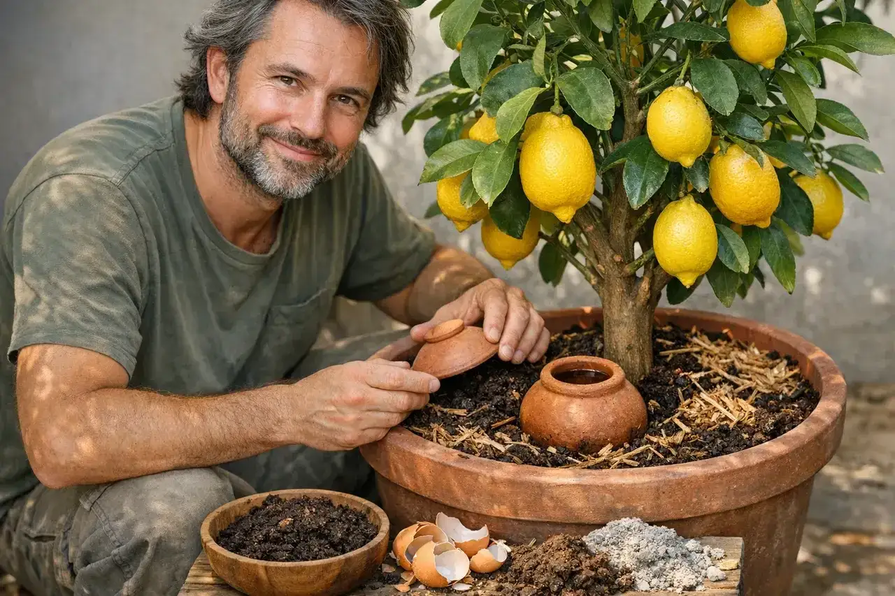 Un homme souriant prend soin d'un citronnier charg&eacute; de fruits. Il pr&eacute;pare un engrais naturel pour son citronnier, avec des coquilles d'&oelig;ufs et du compost.