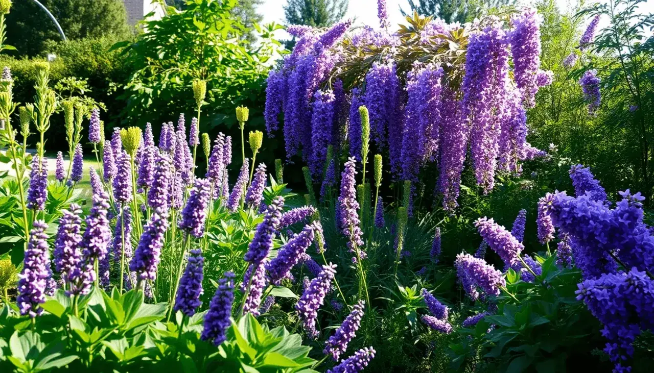 Un jardin luxuriant d&eacute;borde de fleurs violettes, certaines dress&eacute;es en &eacute;pis, d'autres tombant en cascades.