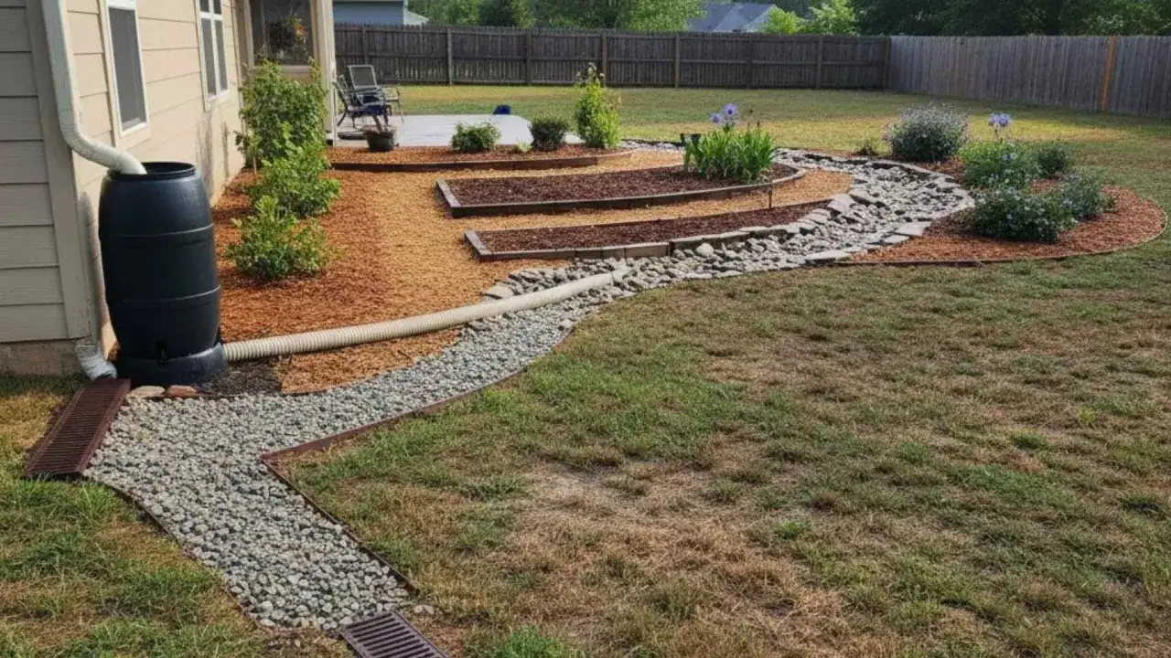 Jardin am&eacute;nag&eacute; avec un r&eacute;cup&eacute;rateur d'eau de pluie, des parterres sur&eacute;lev&eacute;s et un chemin de galets, sur une terre argileuse.