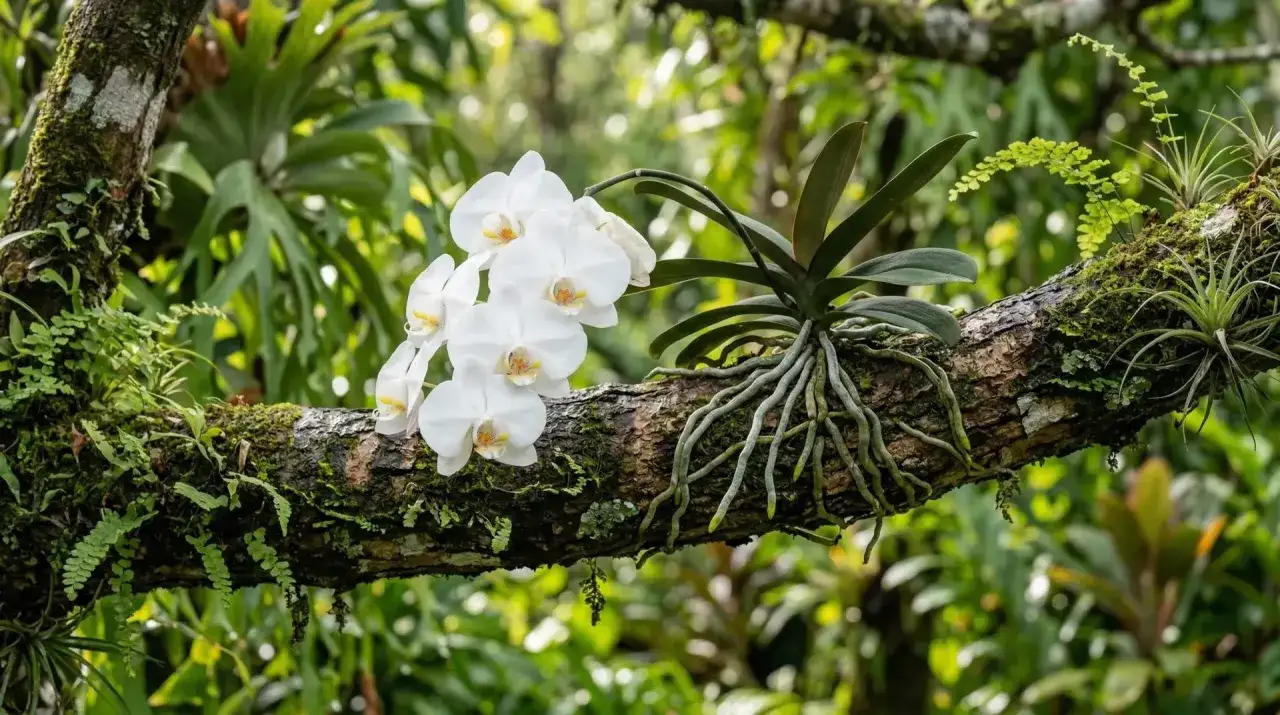 Orchid&eacute;es blanches &eacute;panouies sur une branche moussue, leurs racines a&eacute;riennes s'accrochant &agrave; l'&eacute;corce. Un habitat naturel id&eacute;al, loin de la terre pour orchid&eacute;e.