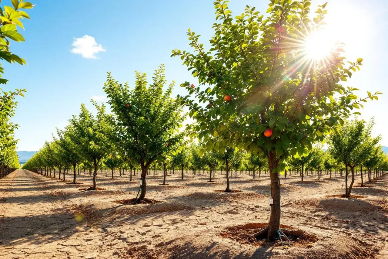 Rangée d'arbres fruitiers sous un soleil éclatant, symbolisant la croissance et l'abondance.