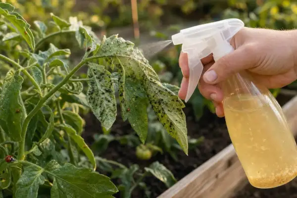 Main d'une personne pulvérisant un traitement sur des feuilles de tomate infestées par le puceron tomate. Des coccinelles sont visibles sur les feuilles.