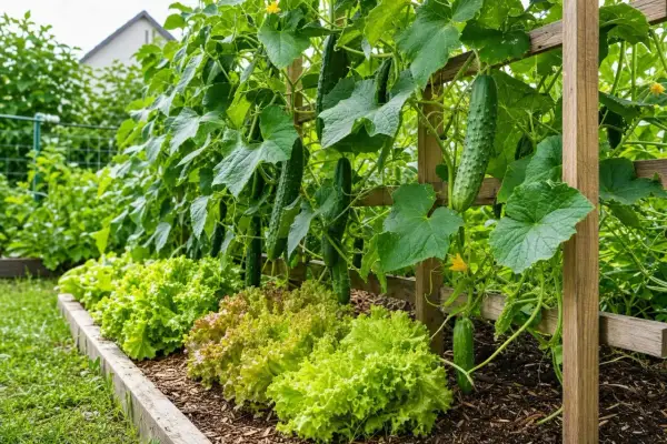 Un potager luxuriant avec des concombres mûrs grimpant sur un treillage en bois, et des salades vertes croquantes au premier plan.