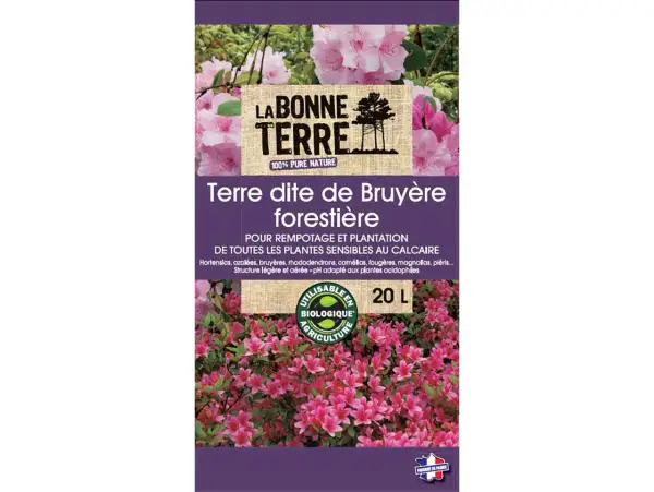 Terre de bruyère forestière pour plantes sensibles au calcaire, avec des azalées roses en fleurs. Idéal pour rempotage et plantation.