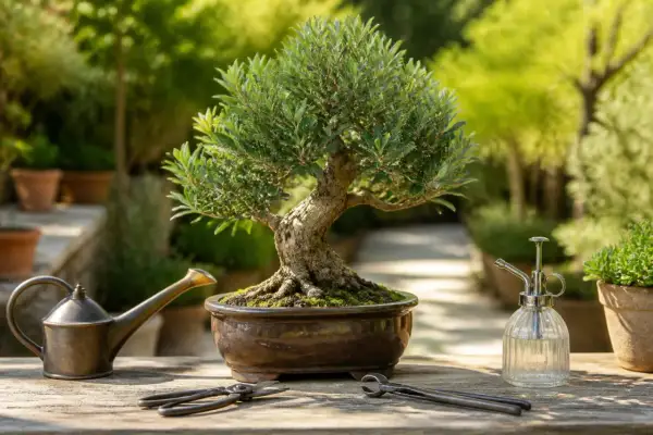 Un olivier bonsaï sur une table en bois, avec un arrosoir, des ciseaux et un vaporisateur. Quelle terre pour un olivier ? Un sol bien drainé est essentiel.