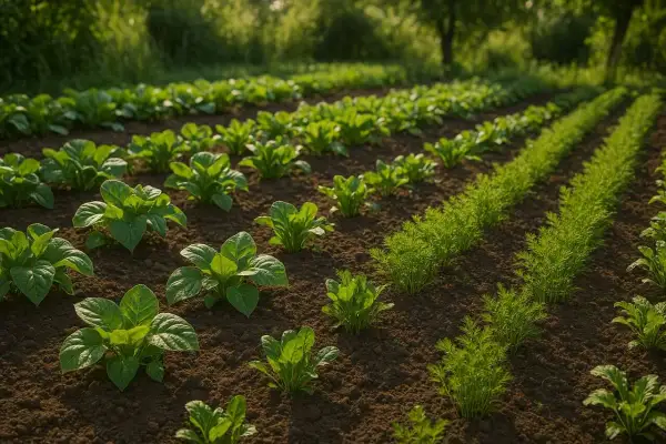 Champ de légumes avec des rangées de jeunes plants verts. Idéal pour savoir que planter après les oignons.