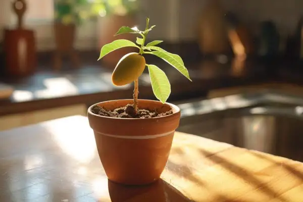 Jeune pousse de mangue dans un pot, le noyau encore attaché, symbole de l'art de planter un noyau de mangue.
