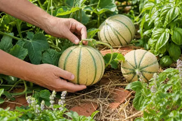 Mains récoltent des melons mûrs dans le jardin, un symbole de la culture melon.