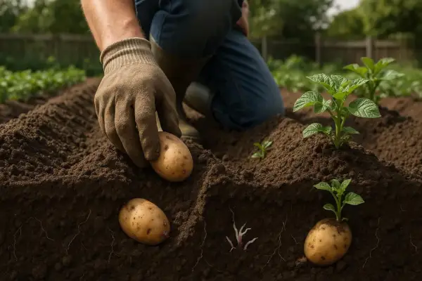 Un agriculteur plante des pommes de terre, assurant un bon espacement pour une croissance optimale.