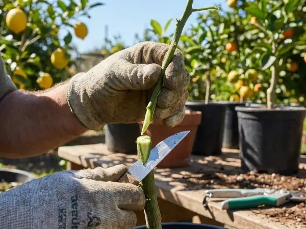 Un jardinier ganté utilise un couteau pour greffer un citronnier, préparant la tige pour une nouvelle croissance.