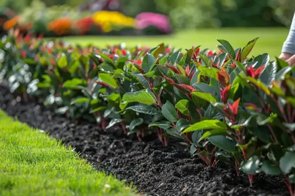 Ligne de boutures photinia aux jeunes pousses rouges, plantées dans un sol sombre, bordée par une pelouse verte et des fleurs colorées au loin.