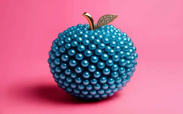 Une pomme ornée de perles bleues, comme une framboise bleue fantaisiste, avec une tige dorée et une feuille sertie de diamants.