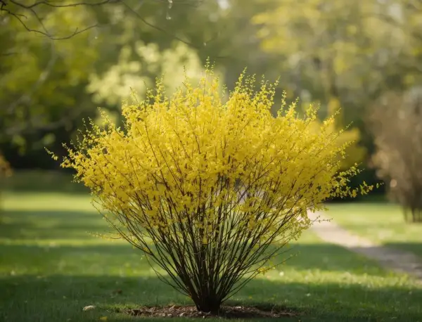 Un arbuste de forsythia en pleine floraison, ses branches chargées de fleurs jaunes éclatantes, se dresse fièrement sur une pelouse verte.