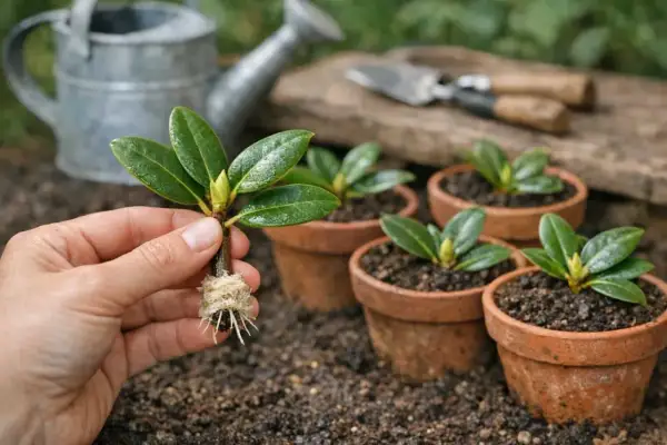Une main tient une bouture de rhododendron avec des racines bien développées, prête à être plantée dans un petit pot en terre cuite.