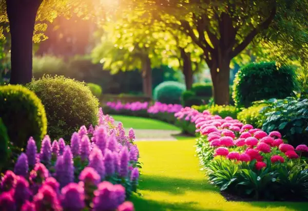 Un chemin de jardin bordé de fleurs roses et violettes, baigné de soleil. Une pensée fleurie pour une promenade paisible.