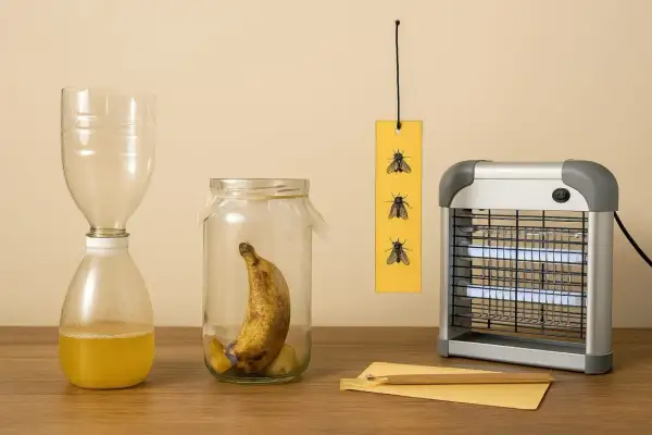 Un piège à mouche maison avec une bouteille coupée et un bocal contenant une banane. Une lampe anti-insectes est à côté.