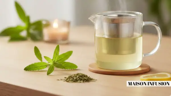 Une théière en verre remplie d'infusion fumante, à côté d'une branche de verveine fleur et d'une tranche de citron.