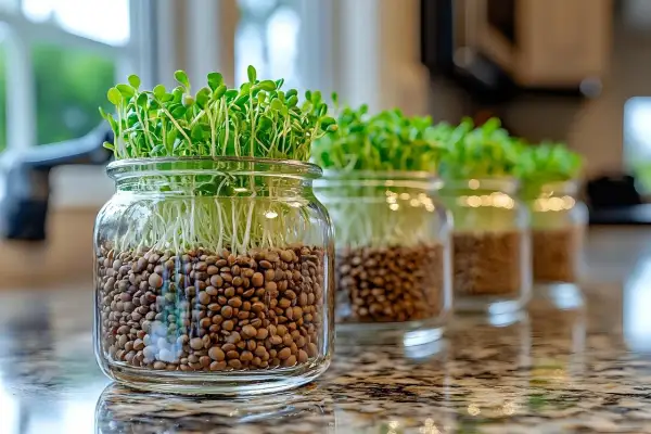 Des bocaux en verre alignés sur un comptoir, remplis de lentilles et de pousses vertes. Une belle façon de faire pousser des lentilles à la maison.