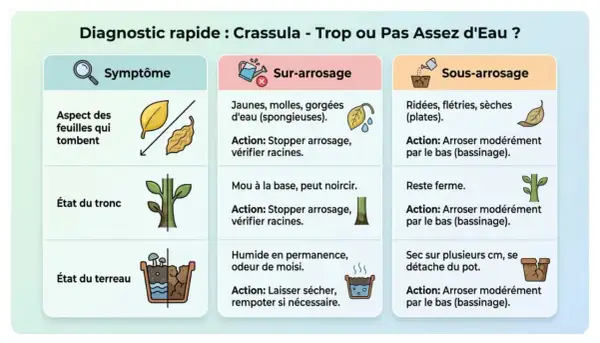 Diagnostic rapide pour un arbre de jade : feuilles qui tombent, molles ou ridées. Le sur-arrosage rend les feuilles spongieuses, le sous-arrosage les fait flétrir.